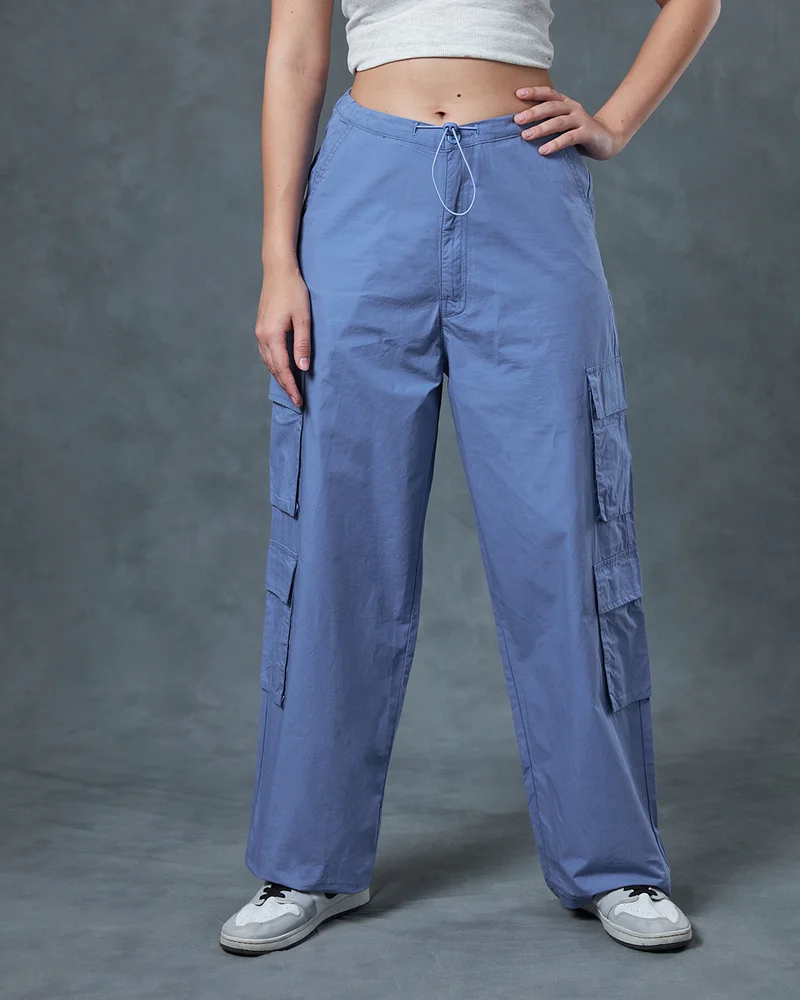 bewakoof Women's Blue Baggy Oversized Cargo Parachute Pants